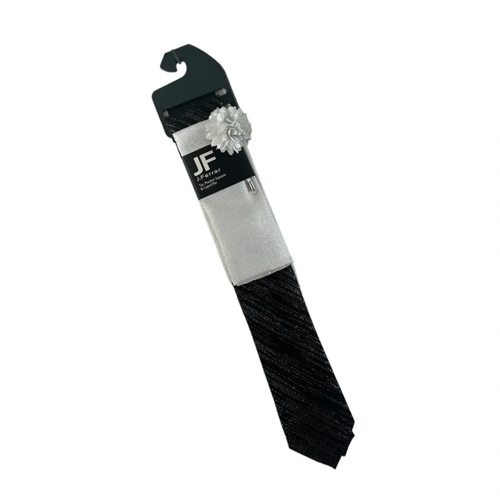 JF J. Ferrar Metallic Black, Silver and White Tie, Pocket Square and Lapel Pin